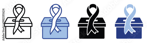 Charity donation box with an awareness ribbon icon representing fundraising efforts and support for important causes, suitable for campaigns and events.