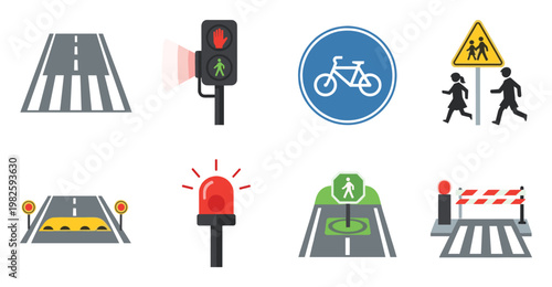 Collection of vital road safety and traffic control symbols, depicting pedestrian crosswalks, stoplights, bicycle path signs, speed bumps, and railway crossing barriers, perfect for