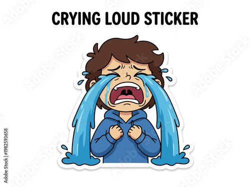 Illustration of a cartoon child crying with large tears streaming down their face, depicted as a sticker with the text 'Crying Loud Sticker'