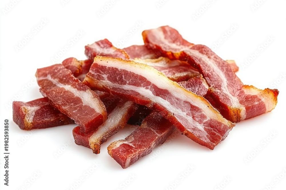 Fototapeta premium stack of crispy cooked bacon strips on white background, savory and appetizing