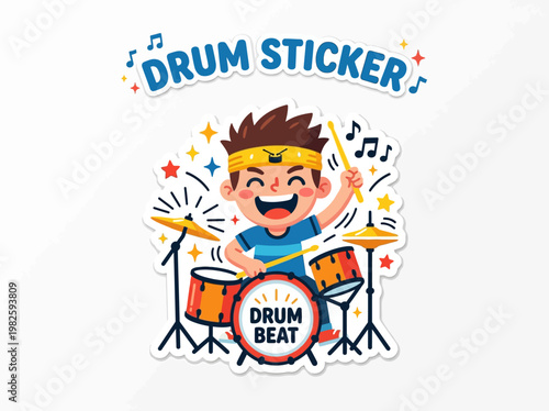 Happy boy playing drums with colorful stars and music notes, drum sticker with text DRUM BEAT, perfect for music lovers and kids' room decor