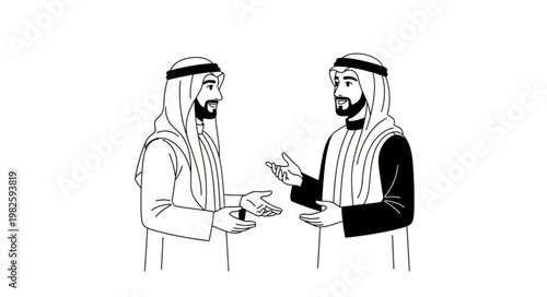 Two Arab men in traditional attire having a conversation in monochrome.