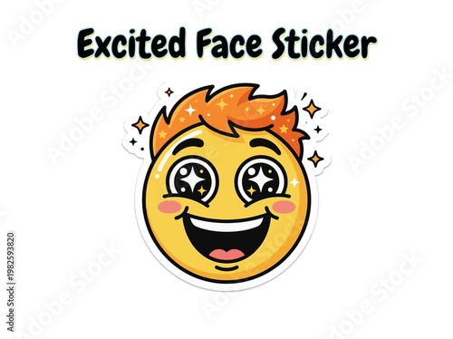 An illustrated sticker of an excited face with sparkling eyes and a wide smile, conveying joy and happiness