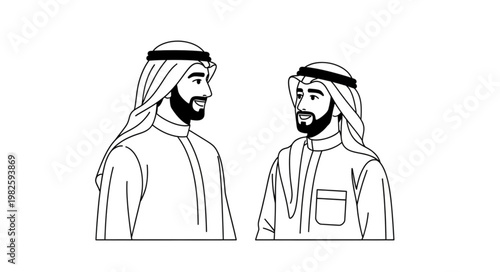 Two Arab men in traditional attire looking at each other.