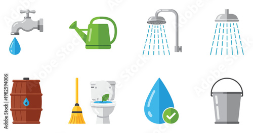 Essential water usage and conservation icons featuring a faucet, shower, watering can, barrel, toilet, and drop symbol for environmental infographics or utility service applications.
