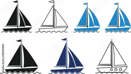 Sailboat Icons Collection with Classic Sailing Boats on Waves Nautical Marine Transport Vector Illustration