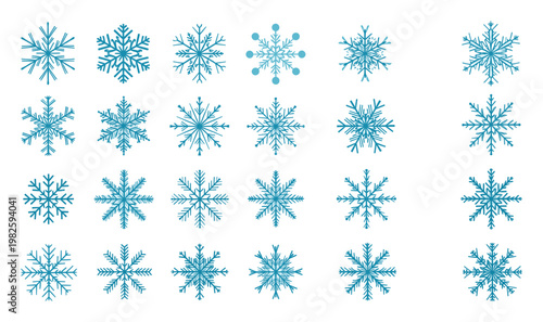 Collection of various unique blue winter snowflakes for seasonal decorations holiday greetings and frosty weather related graphic assets and seasonal projects.