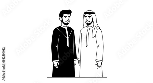 Two Arab men in traditional attire standing and conversing together.