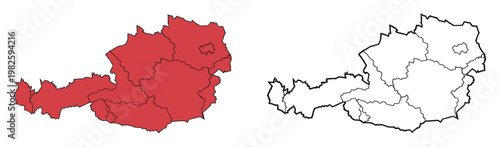 Detailed political map of Austria displaying distinct provincial boundaries in both solid red and outline versions, ideal for educational resources, geographical studies, and data