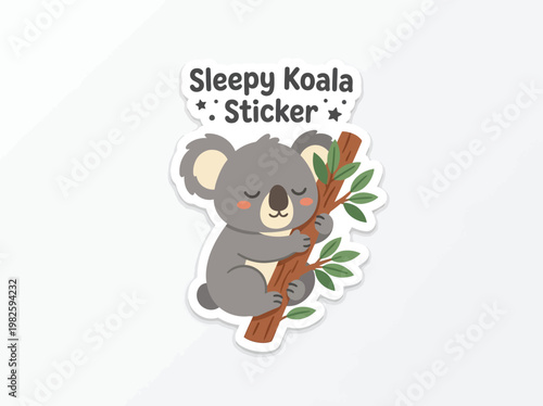 Cute sleepy koala clinging to a tree branch, perfect for sticker enthusiasts and nature lovers