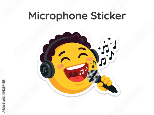 Fun yellow emoji wearing headphones singing into a microphone with musical notes floating around it