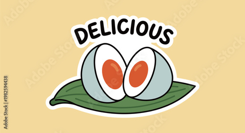 Delicious salted duck egg cut in half on green bamboo leaf vector illustration for Dragon Boat Festival food culture and traditional snack concept