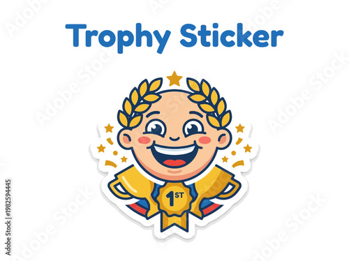 A joyful cartoon sticker of a smiling child wearing a 1st place medal and a laurel wreath, celebrating victory