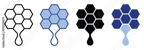 Honeycomb hexagonal cells with a dripping liquid representing natural sweetness and organic flow, ideal for food packaging designs, apiculture branding, science education, and UI interface