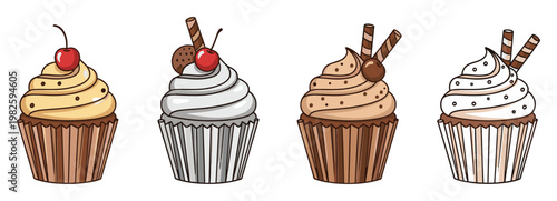 Delicious sweet cupcakes assortment with creamy frosting and delightful toppings perfect for dessert menus, bakery promotions, party invitations, or food blog visuals