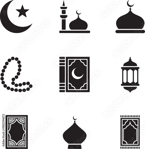 Set of Islamic religious vector icons featuring mosque symbols in a simple black silhouette design collection