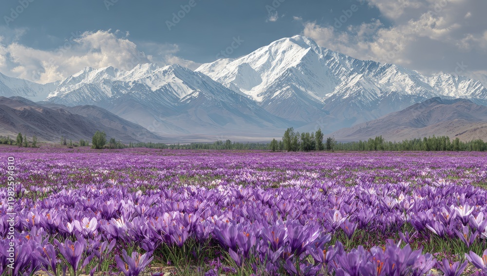 Obraz premium A vibrant field of purple saffron flowers stretches across a valley, framed by majestic snow-capped mountains under a partly cloudy sky.