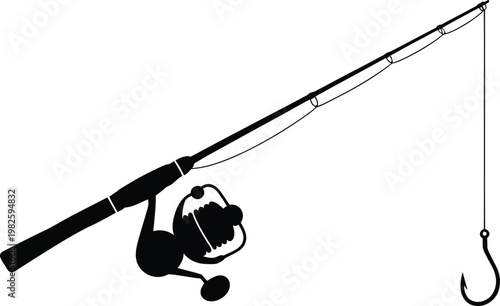 Tableau sur toile Fishing rod with spinning reel and sharp hook silhouette isolated on transparent background vector