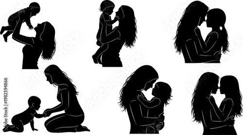 Collection of black vector silhouettes featuring a loving mother and her child hugging, playing, and bonding in various affectionate poses.