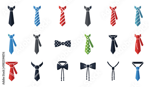 Variety of neckwear icons including classic ties, patterned bow ties, and bolo ties, perfect for fashion accessory catalogs, menswear branding, or clothing advertisement graphics
