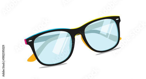 Stylish black frame sunglasses with light blue lenses and yellow temple tips isolated on a white background for summer fashion.
