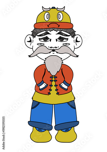 Cartoon Character Illustration of an Old Man with Grey Mustache and Beard Wearing Traditional Red Jacket, Cute Elderly Asian Man Character Design in Casual Outfit with Yellow Hat and Blue Trousers
