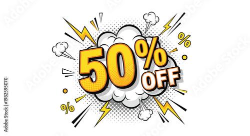 Promotional fifty percent off sale advertisement in a retro comic book style featuring an explosive cloud with lightning bolts.