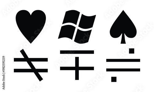 Black Vector Symbols: Heart Love, Windows Logo, Spade Card, Not Equal, Plus Sign, Equals Bar, Square Block
