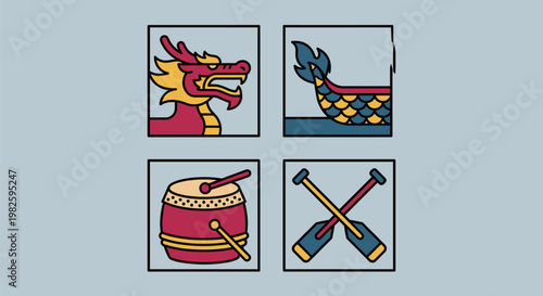 Dragon boat racing sports icons set including dragon head boat tail drum and paddles for traditional athletic competition and team spirit concept