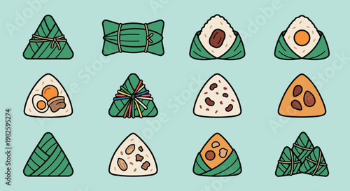 Various Zongzi types vector collection featuring sticky rice dumplings with beans egg yolk and meat wrapped in bamboo leaves for festive food menu