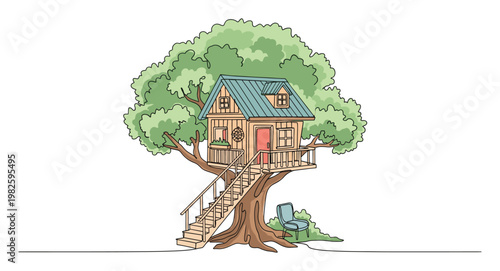 Enchanting treehouse built within a vibrant green tree featuring a sturdy wooden staircase and a single blue chair at its base, suitable for themes of childhood, nature, and imaginative