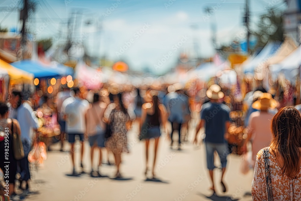 Obraz premium A blurred, vibrant scene captures the bustling energy of a lively outdoor market filled with people browsing colorful stalls under a bright, sunny sky.