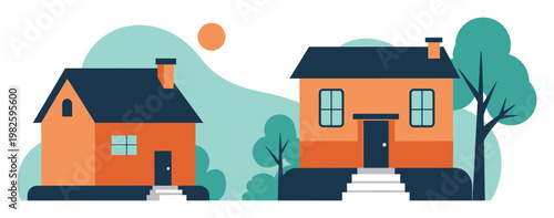 Stylized vector graphic featuring two vibrant houses nestled in a serene landscape with natural elements, perfect for housing, property, and neighborhood marketing materials