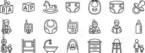 Baby Care Line Icons Set for Newborn Essentials Nursery and Parenting Art
