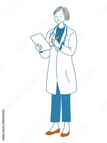 聴診器を首にかけてカルテに記入している若い女性医師