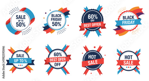 Collection of various colorful discount sale badges and labels for black friday promotions featuring percentage off and best offer text.