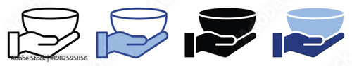 Icon set illustrating a helping hand holding a bowl, suitable for symbolizing charity, donation, or financial support in various digital and print applications.