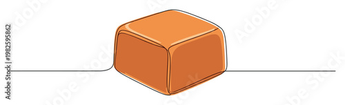 Appetizing golden caramel cube depicted with a smooth minimalist continuous line, suitable for confectionery branding, dessert menu layouts, and sweet food product packaging