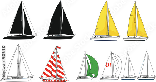 Sailing Boats Collection with Classic Yachts and Sailboats with Colored Sails Nautical Marine Vector Illustration