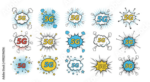 Set of diverse 5G mobile network icons in colorful comic book styles with speech bubbles and explosive sunburst effects for technology.