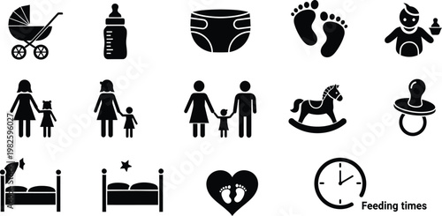 Complete Baby Care and Family Lifestyle Vector Icons for Parenting Needs