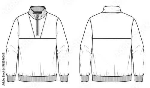 Fashion flat sketch of a quarterzip pullover sweatshirt with standcollar, ribbed cuffs, and hem, ideal for activewear, sportswear, and casual apparel design presentations and technical