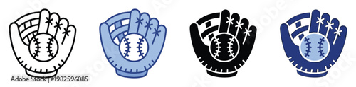 Baseball glove with a ball represented in multiple graphic styles offering versatile visual assets for sport themed websites mobile applications or print media.