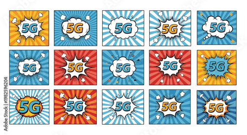 Grid collection of fifteen 5G network technology backgrounds in various colors featuring retro comic book and pop art design styles.