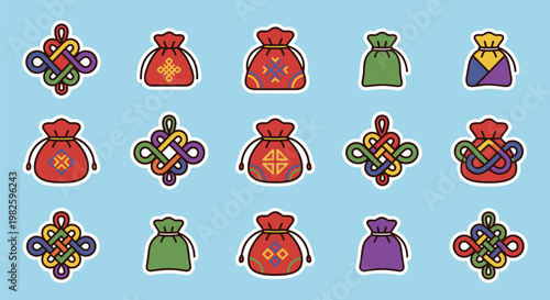 Traditional Chinese sachets and lucky knots vector pattern with colorful embroidery and perfume bags for Dragon Boat Festival gift and decoration