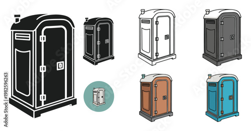 Portable toilet collection featuring diverse styles, perfect for depicting temporary sanitation facilities at construction zones, outdoor gatherings, or event planning projects