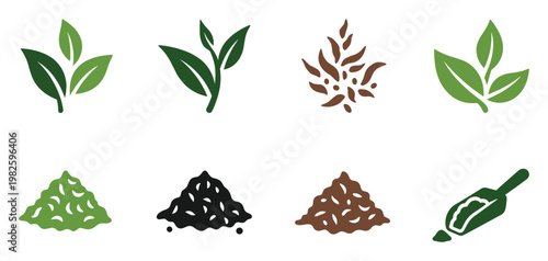 Collection of green and dried tea leaves and powdered tea icons for natural beverage product packaging and healthy lifestyle brand designs