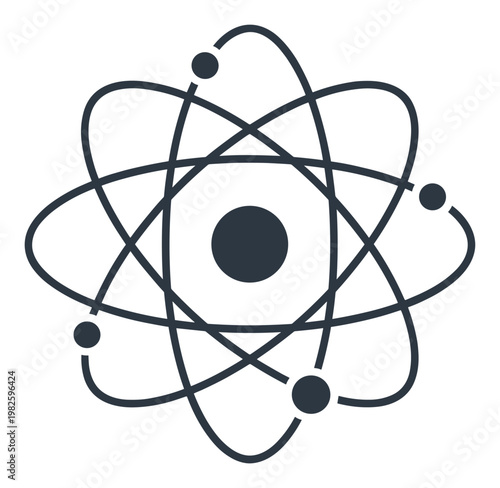 This stylized atomic model with a central nucleus and multiple orbiting electron paths accurately symbolizes scientific principles, technological innovation, and educational concepts for