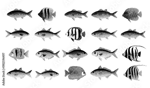 Photography Halftone fish collage vector set black dot pattern sea animals isolated on white