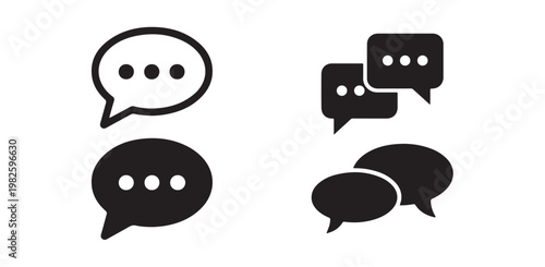 Collection of speech bubble icons in black and outline styles, with and without dots.